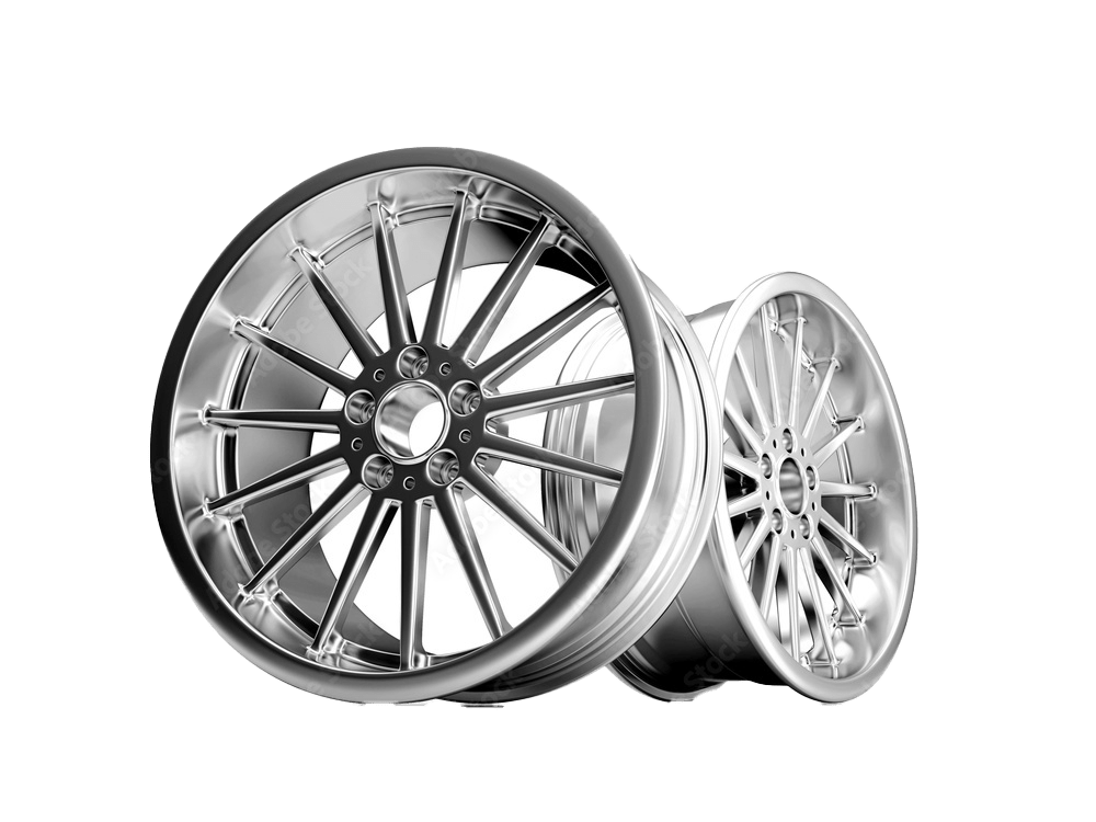 two Alloy rims isolated on white one facing left one facing
