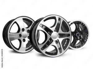 3 silver and black alloy wheels on white
