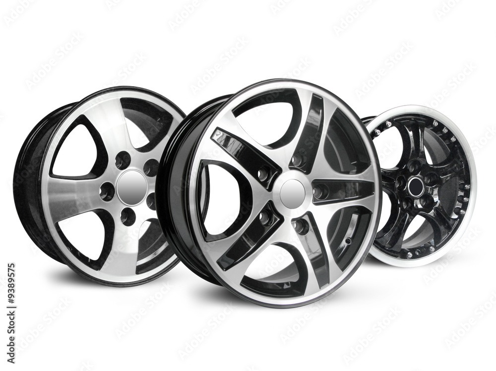 3 silver and black alloy wheels on white