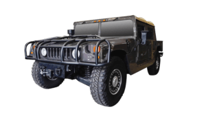 hummer h1 4d soft top with brush guard, winch system, and snorkel driver side angled view