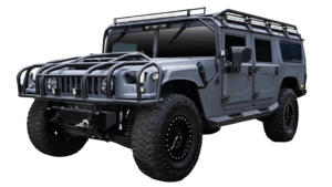 1995 Predator Kevlar Nardo Grey Hummer H1 side view with brush guard, roof rack, 12k winch system