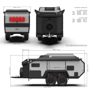 travel trailer black series brochure with specs and images of the front, back, and side